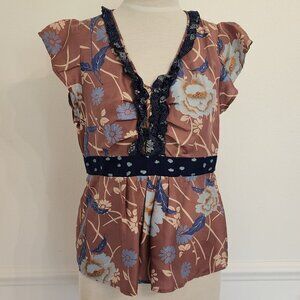Odille Floral Print Silk Top With Ruffle Trim & Cap Sleeves Size 6